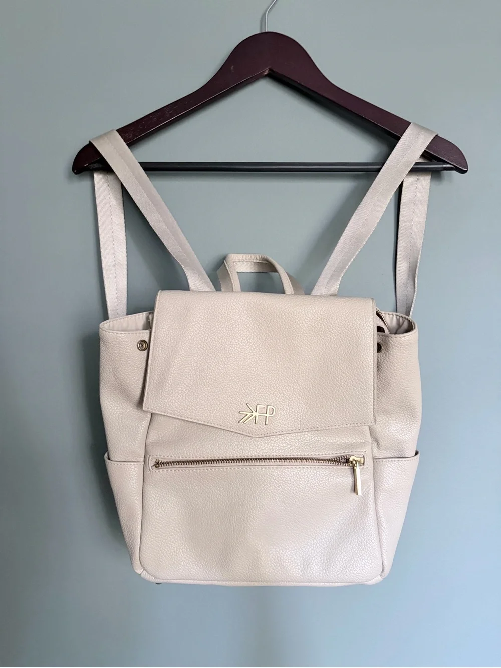 Freshly Picked Cream Pebbled Faux Leather Backpack with Gold Logo
